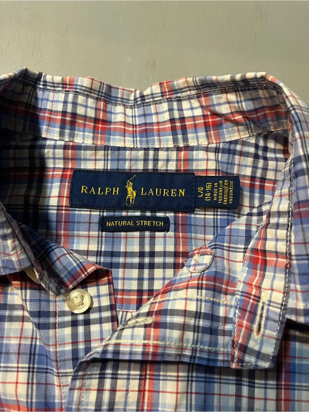 Polo Ralph Lauren Boys L (14-16) Short Sleeve Plaid Button Down Shirt Blue Red
